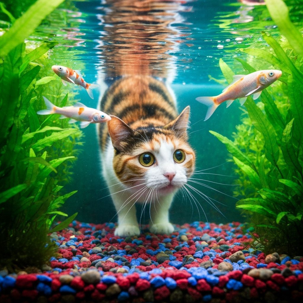 Calico Cat's Underwater Curiosity: Koi Fish in a Lush Tank
