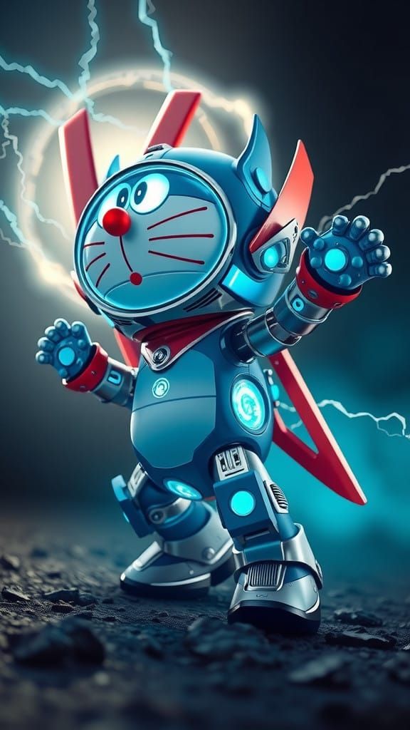 Cyberpunk Doraemon in Ninja Mode with Electrifying Aura