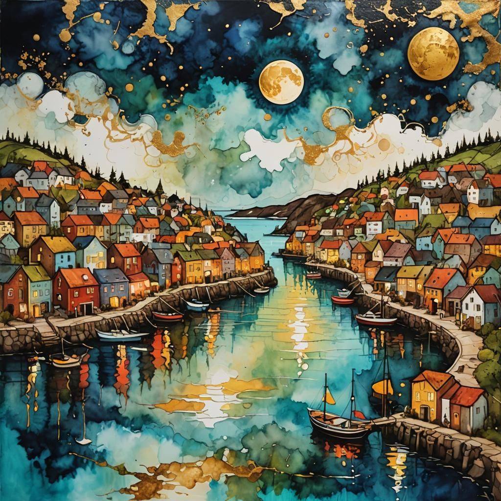 Harbor Village Ink Drawing with Moon and Gold Leaf