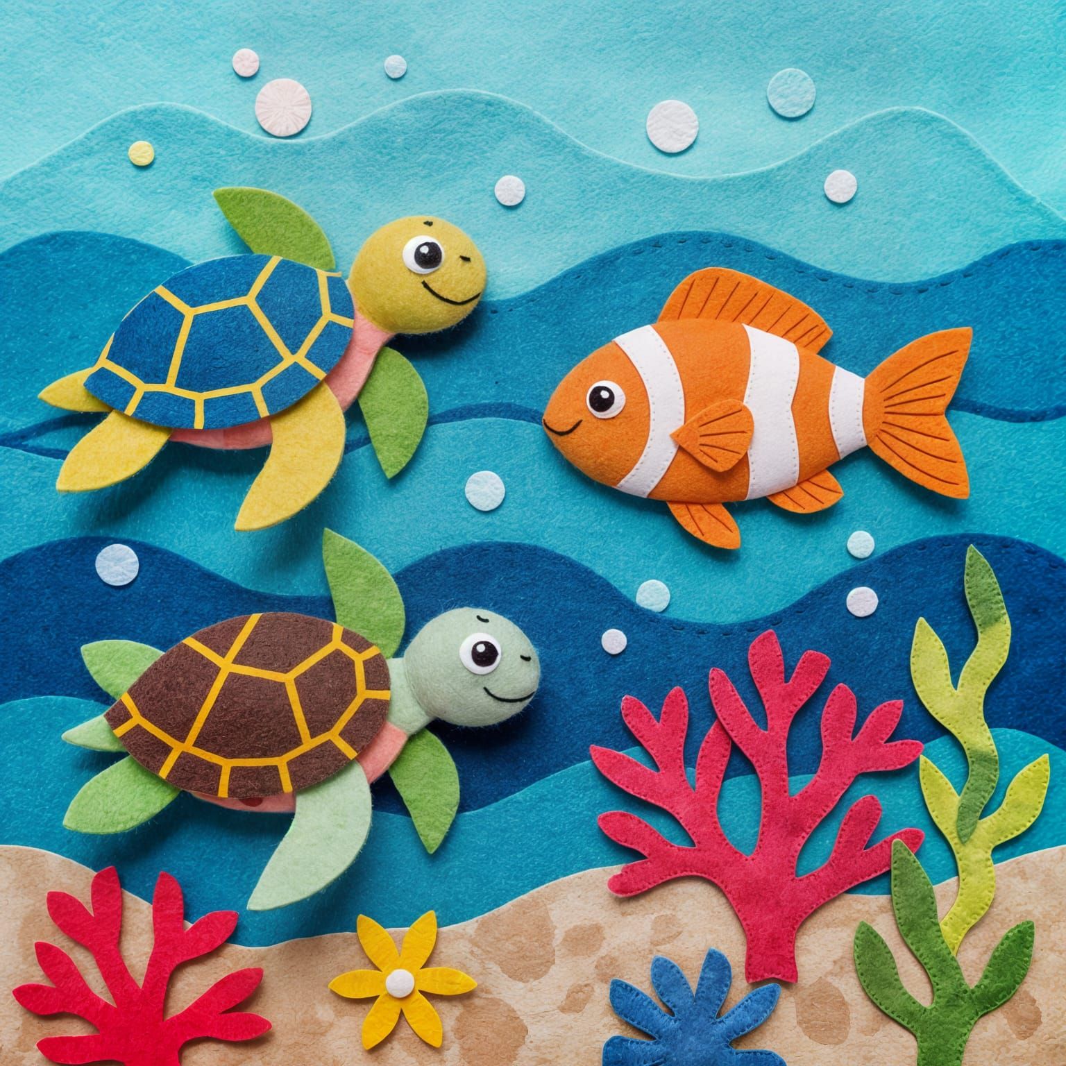 A turtle, fish, and coral all made from colorful felt sheets...