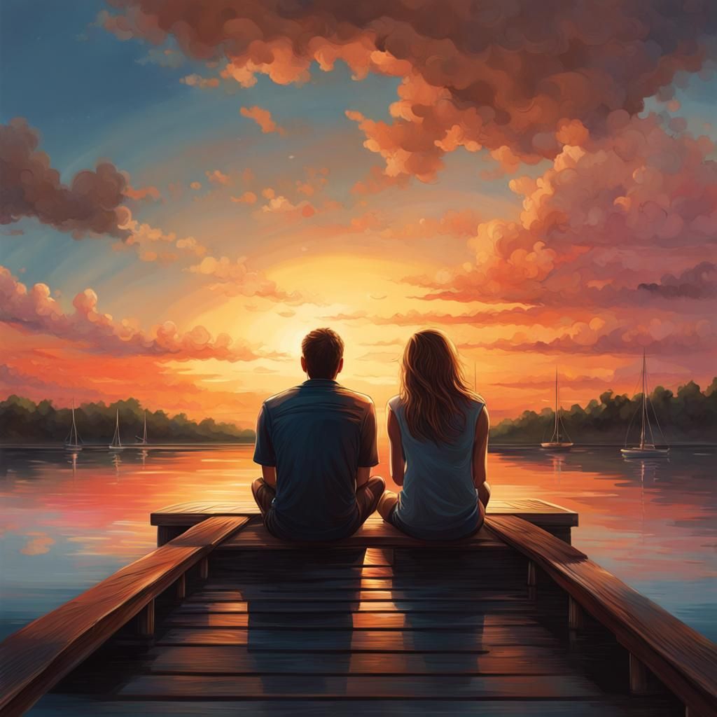 Sunset Silhouette: Couple on Dock in Hyperrealistic Style