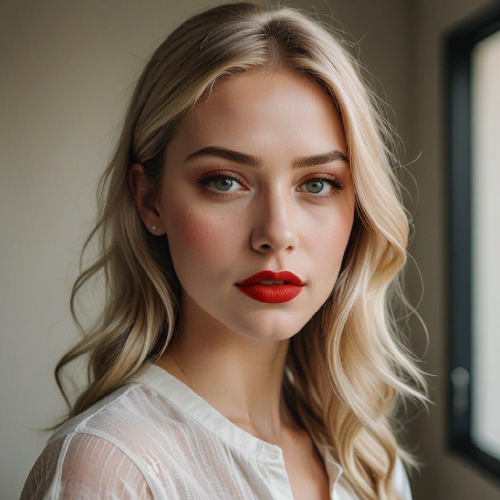 Portrait of a Young Blonde Woman in a Room