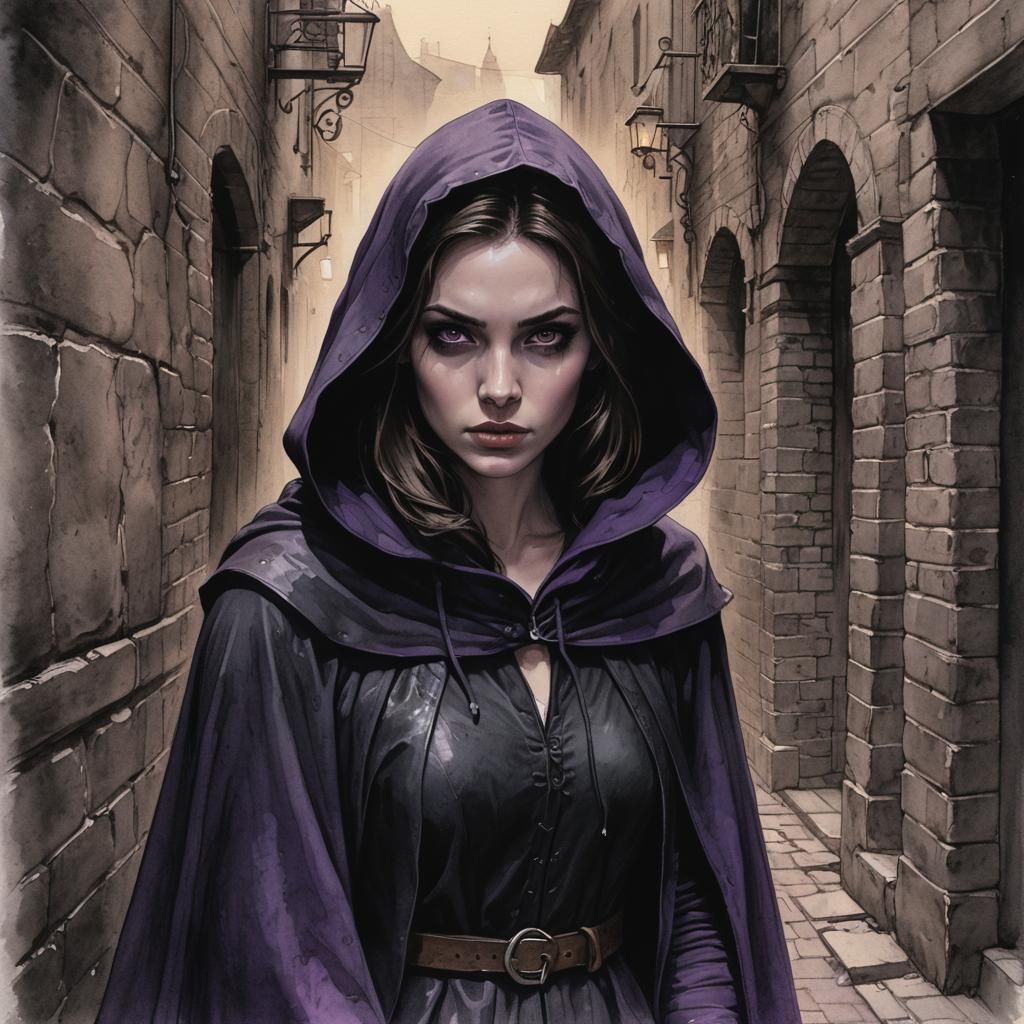 Brunette Woman in Hooded Cape, Chiaroscuro Sketch