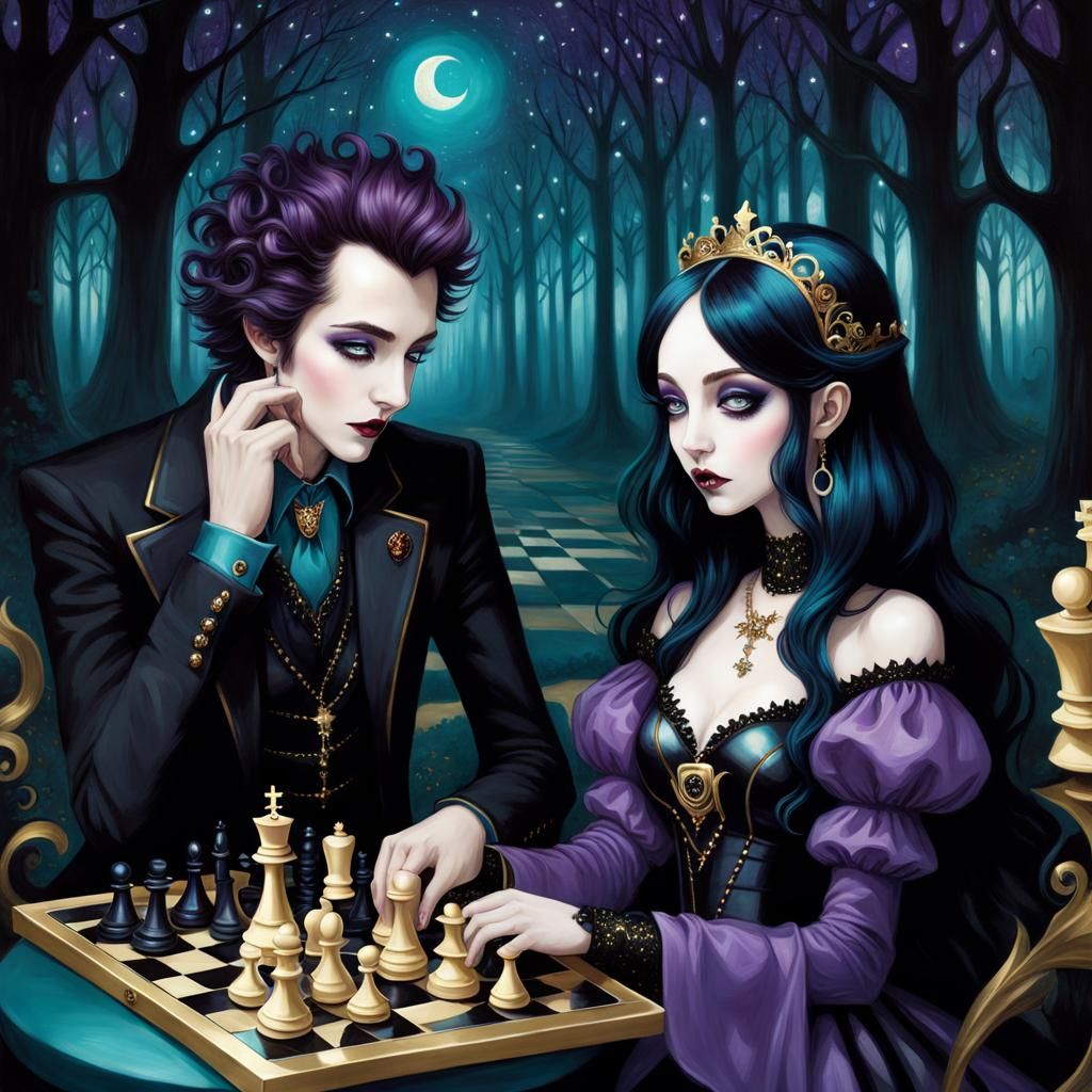 Gothic Couple Playing Chess in Wonderland Forest