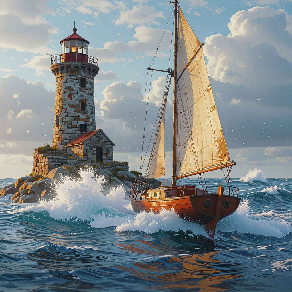 Hyperrealistic Sailboat Portrait Near Lighthouse as Digital ...