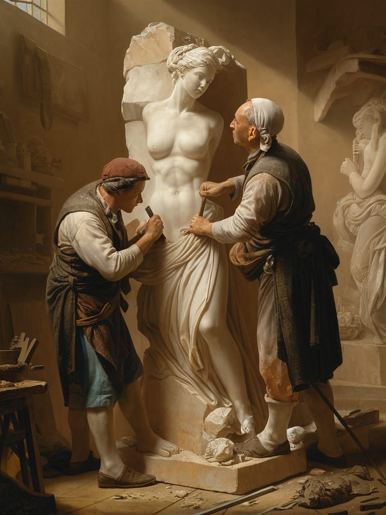 Sculptor and Apprentice in Sunlit Studio