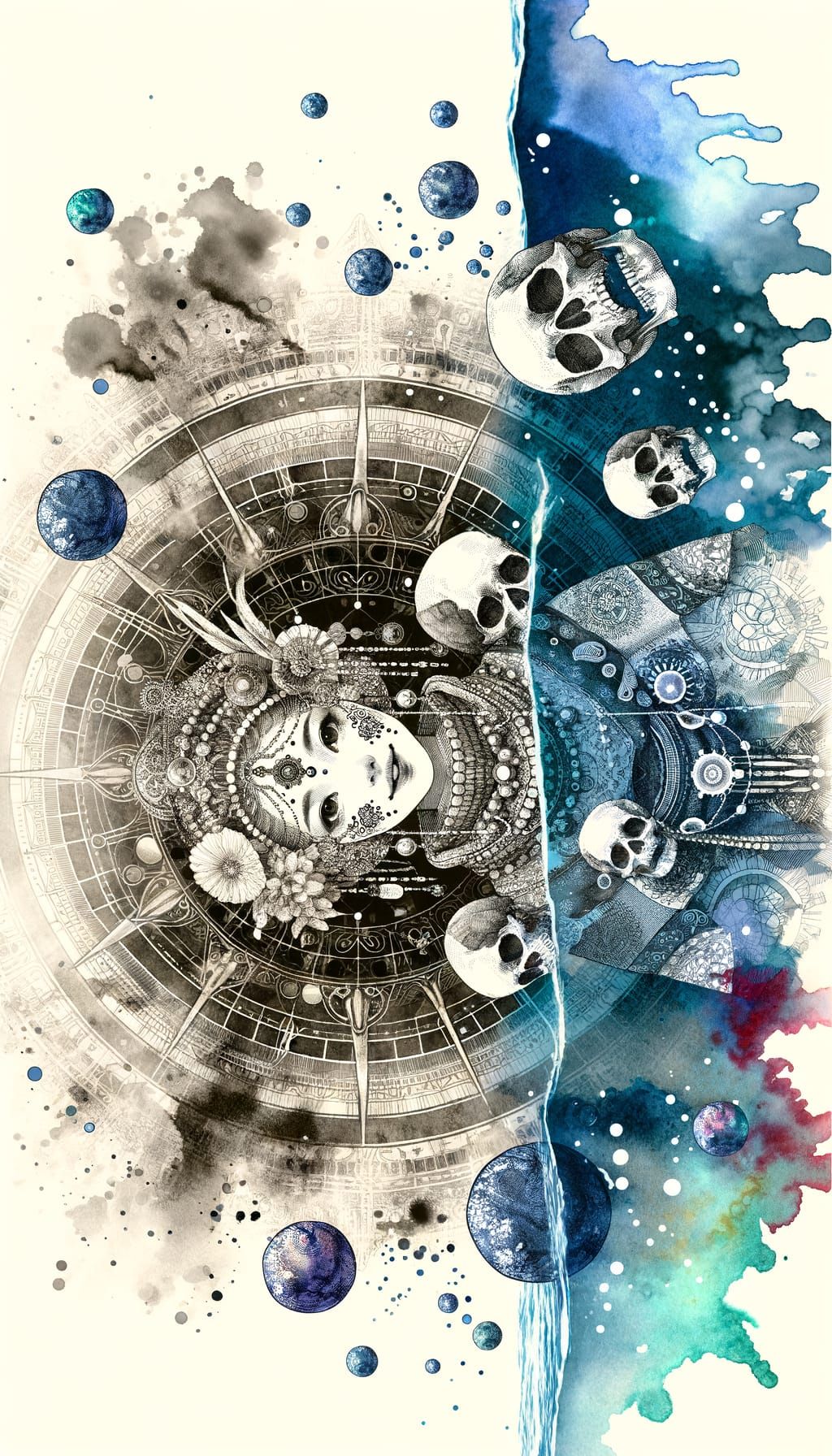 Sinister Cute Mermaid Portrait in Watercolor Style