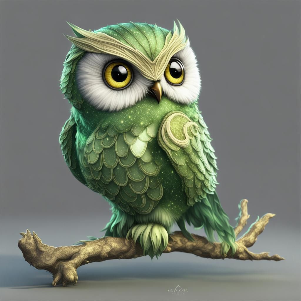 Glittering Green Owl in Anime Style