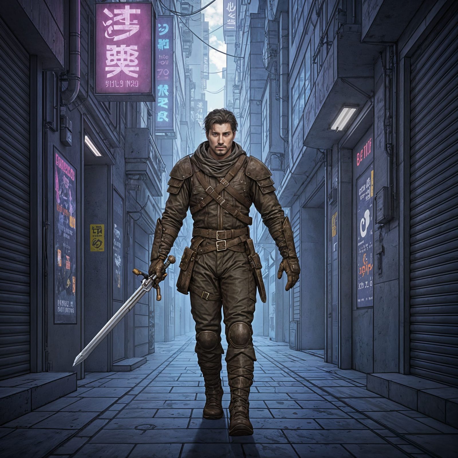 Fantasy Adventurer in Cyberpunk Alley Illustration