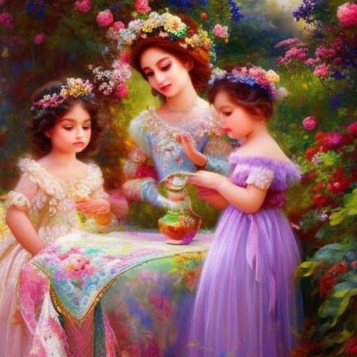 Toddlers Tea Party in Fanciful Garden, Art Nouveau