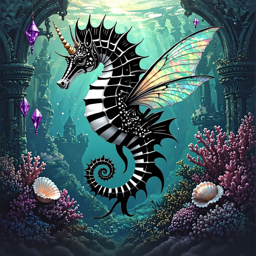 Striking Hyperrealistic Seahorse Dragon in Gothic Coral Cast...