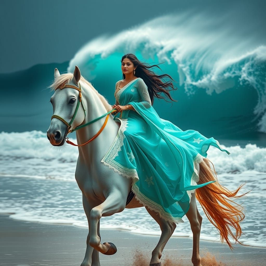 Indian Maiden on White Stallion, Hyperrealistic Image