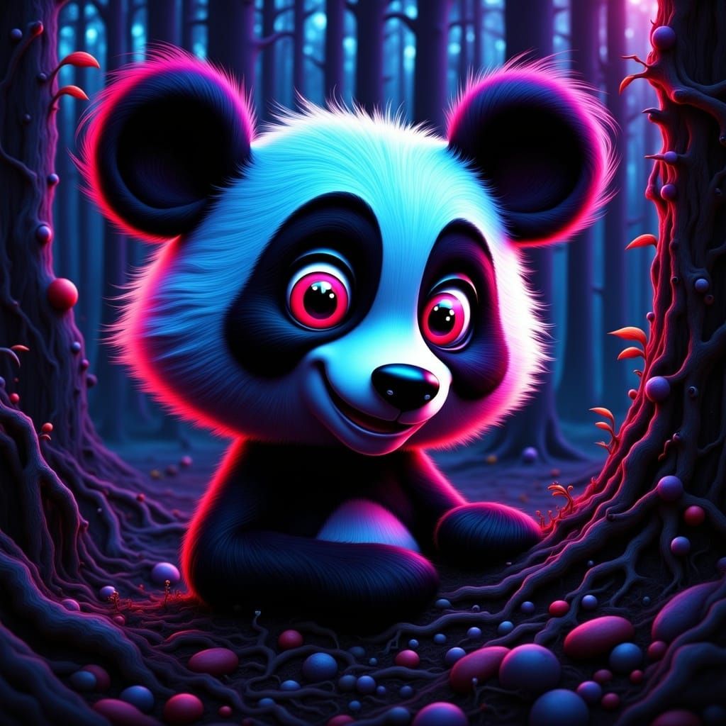 Surreal Panda Bear in Hypnotic, Glitched Art Style