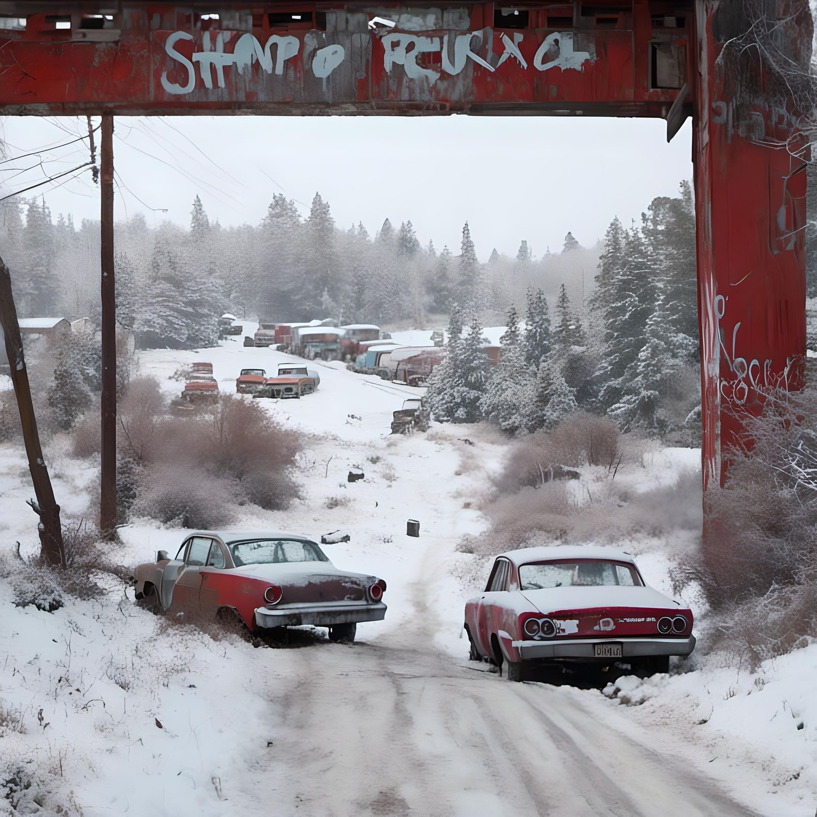 Snowy Industrial Street Scene with Vintage Cars