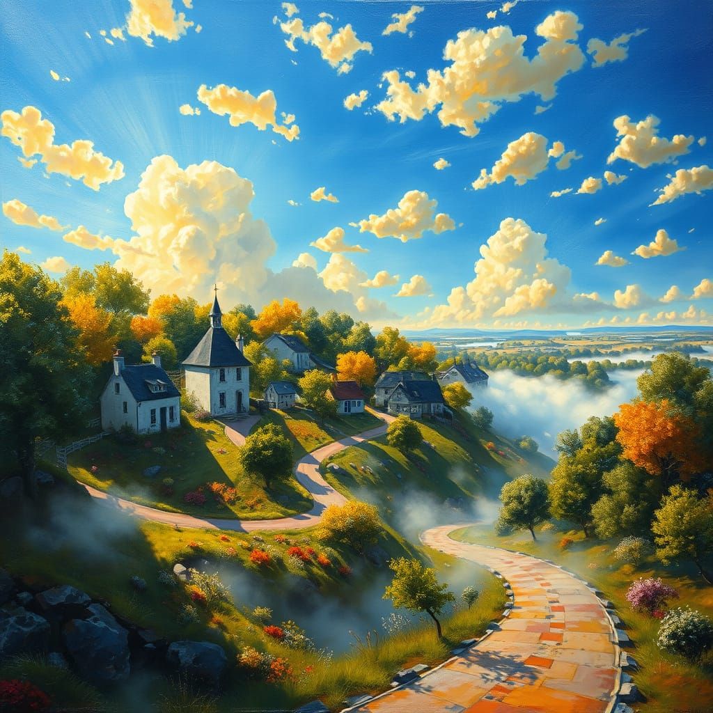 Surreal Fantasy Landscape Oil Painting with Ethereal Mist