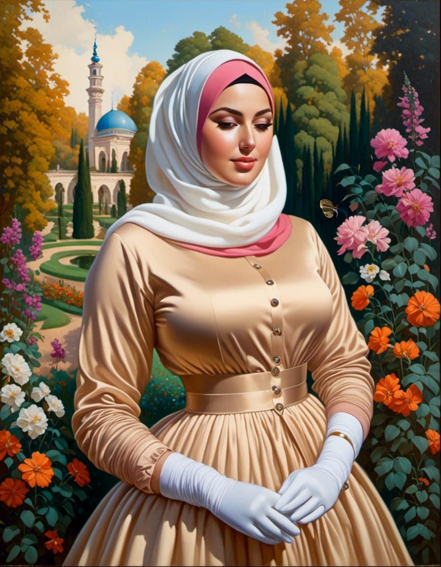 Woman in Hijab and Mask in Cozy Garden