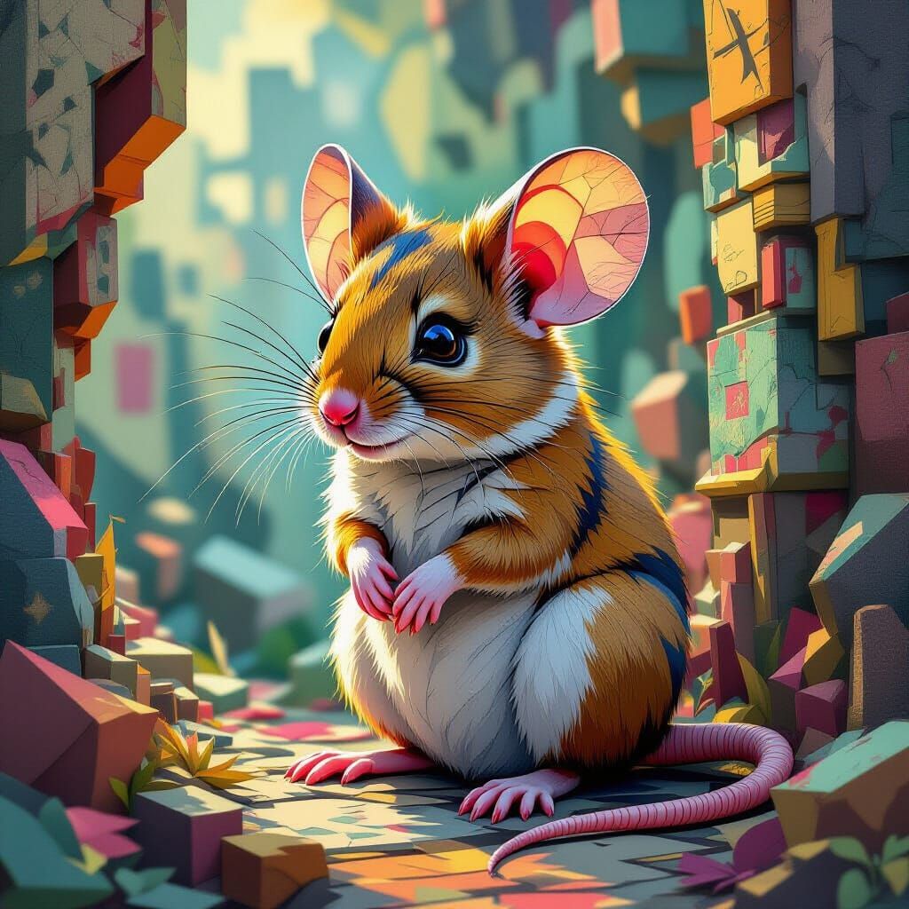 Melancholic Mouse in Vibrant Neo-Cubist Geometric Style