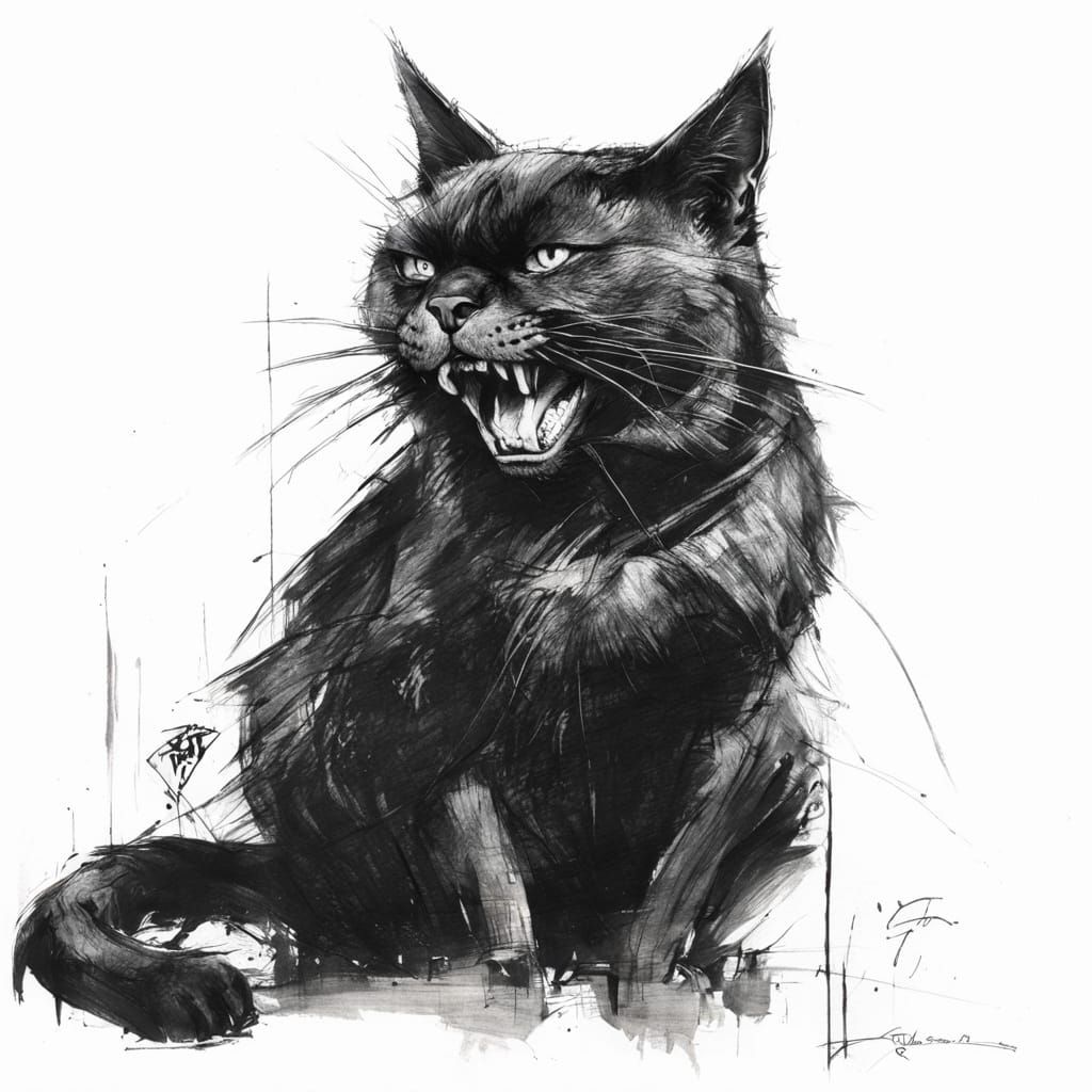 Angry Black Cat in Charcoal and Pencil Art