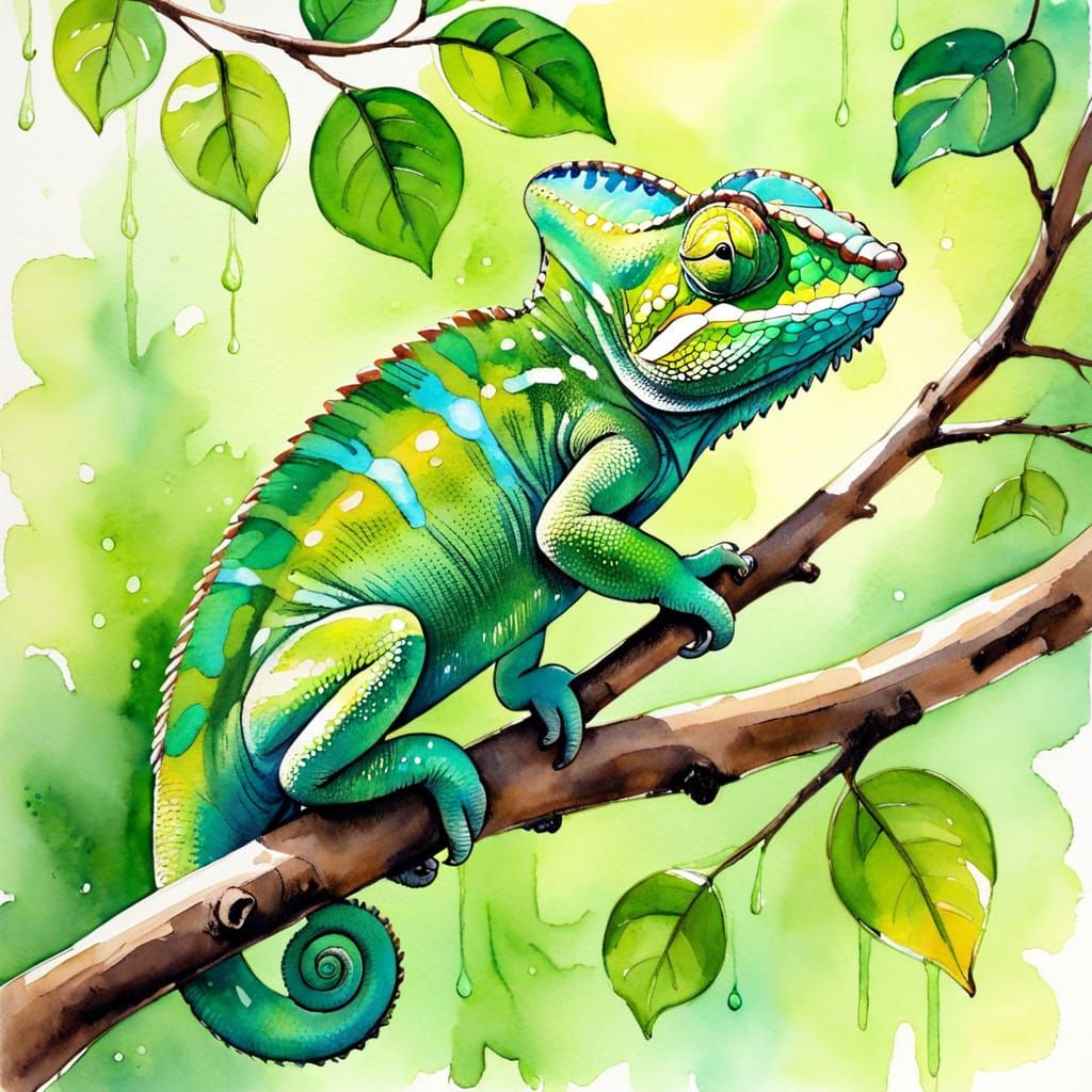 Vivid Watercolor Chameleon Painting with Water Splash