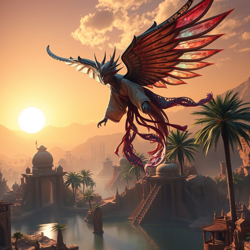 Ethereal Oriental Godling Soars Above Vibrant Desert Oasis