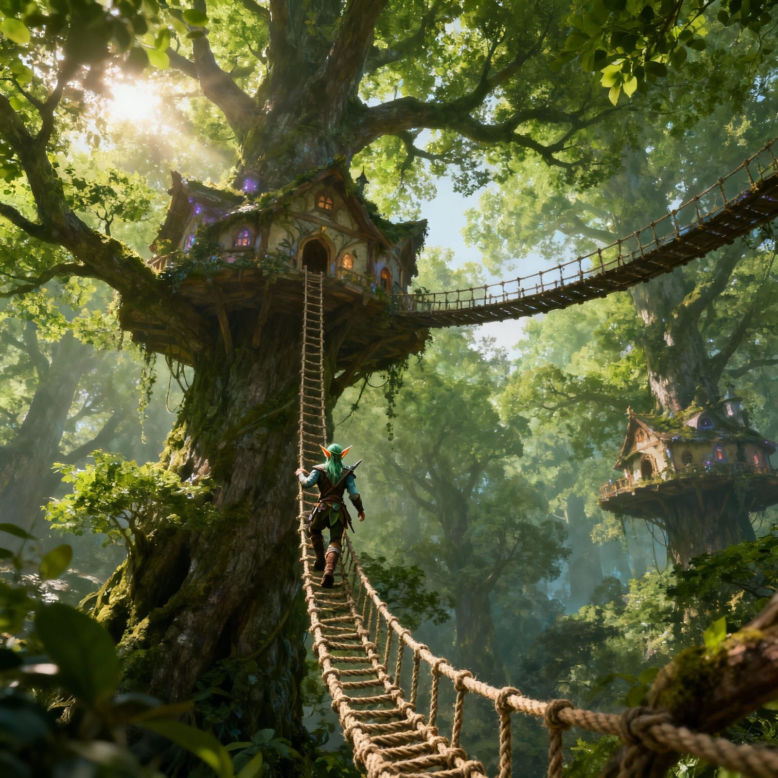 Elf Warrior Ascends Treetop Village via Rope Ladder