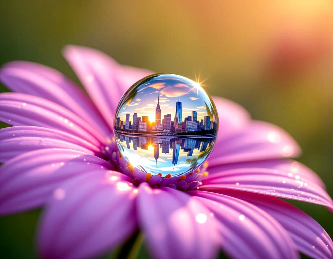 Dewdrop Reflecting Cityscape: Macro Photography