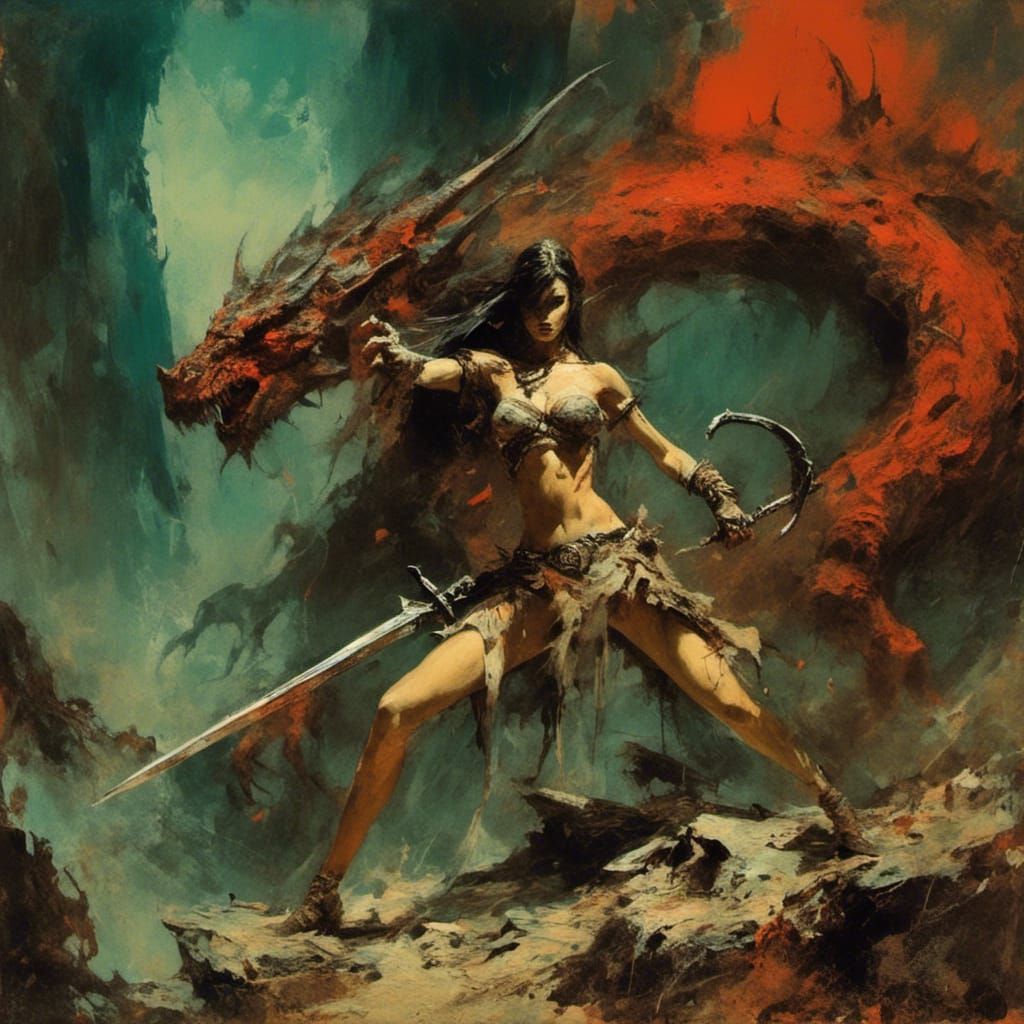 Dragon Warrior Woman in Frazetta-Inspired Art