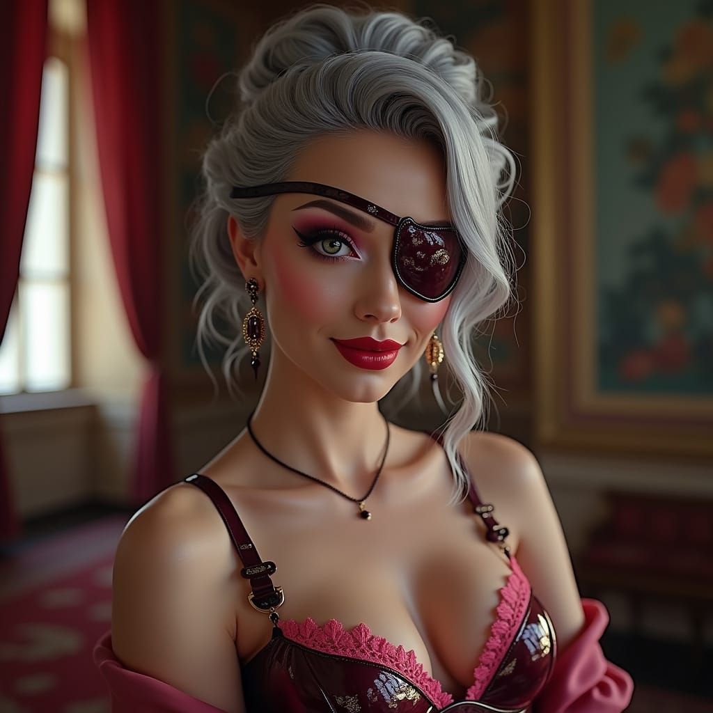 Elegant Woman in Italian Palace with Bold Makeup