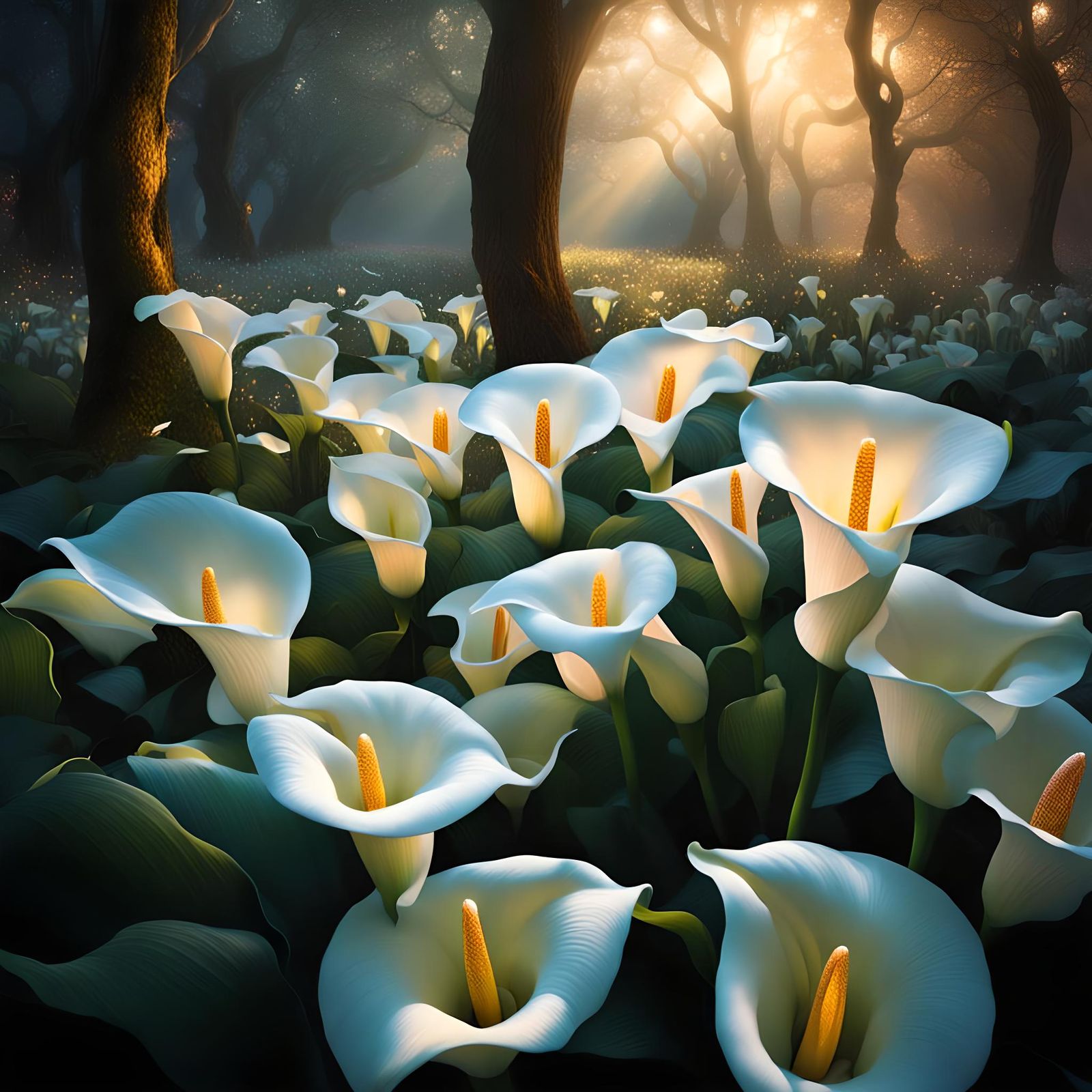 Calla Lillies Garden with Neon Lights, Sharp Focus