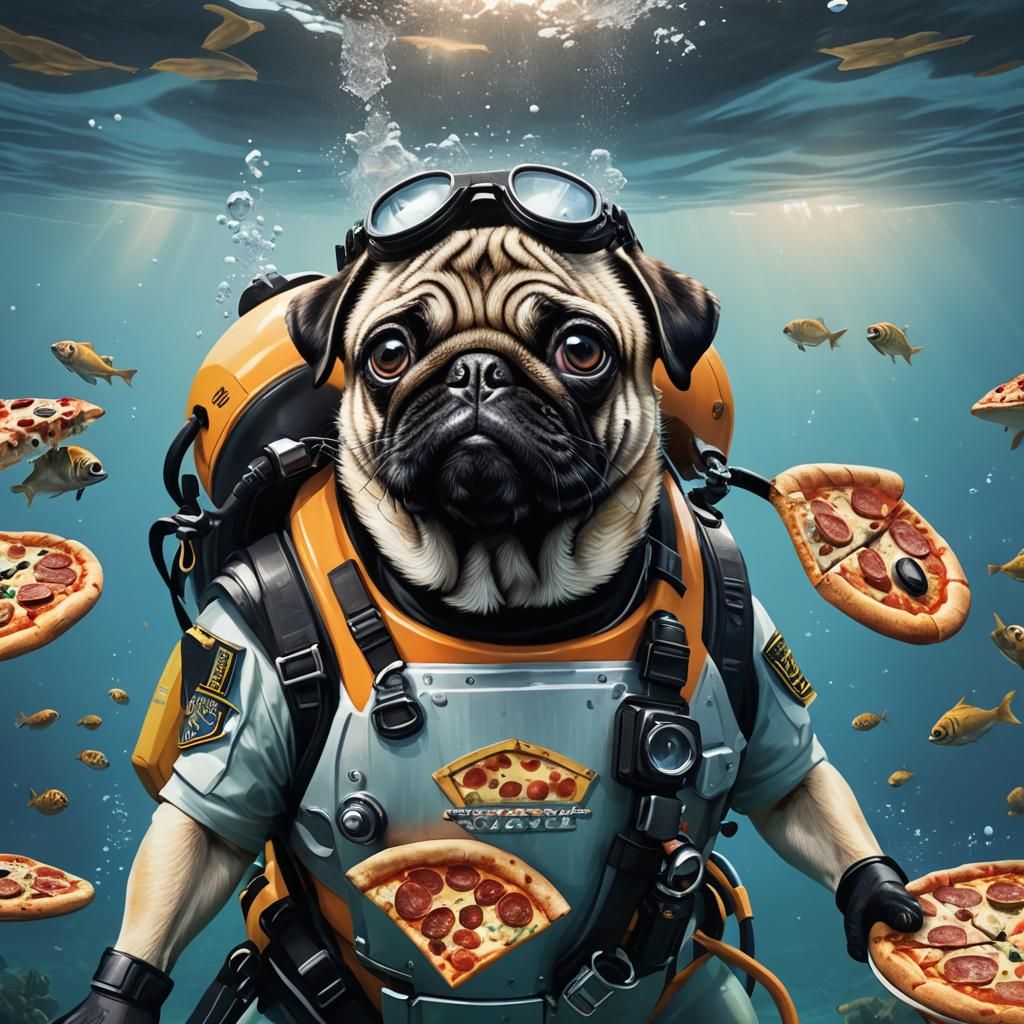 Pug Diver Delivers Pizza Underwater: Digital Illustration