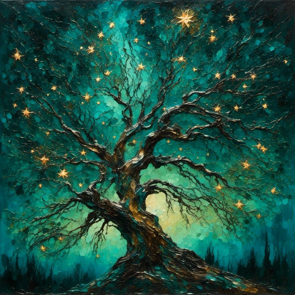 Serene Starry Night Landscape as Oil Painting