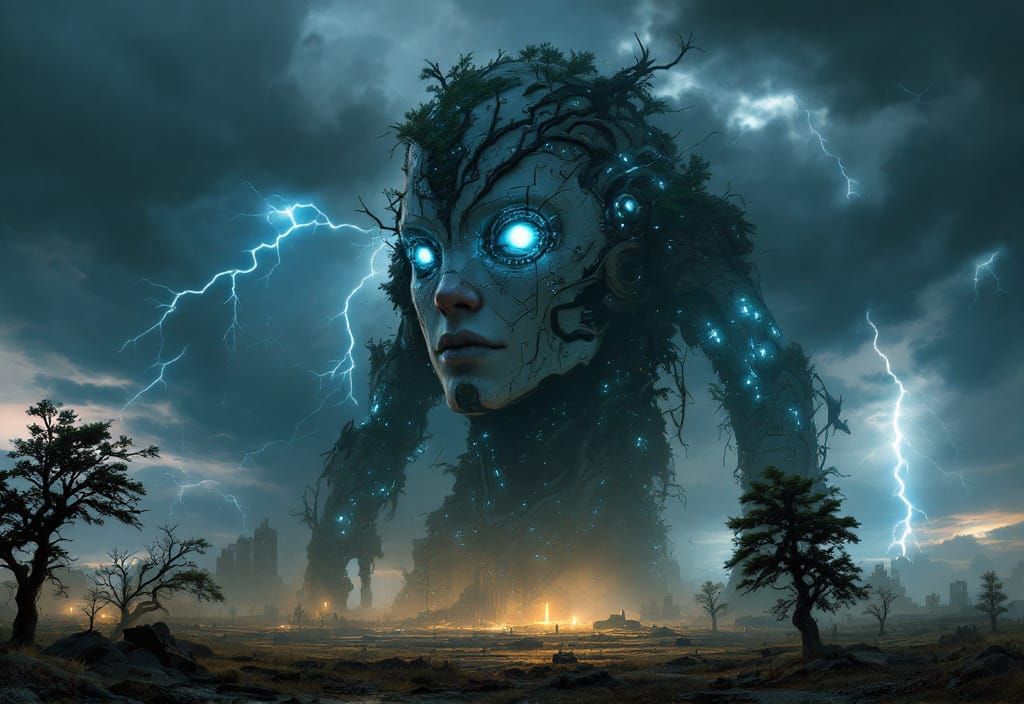 Cybernetic God in Post-Apocalyptic Landscape