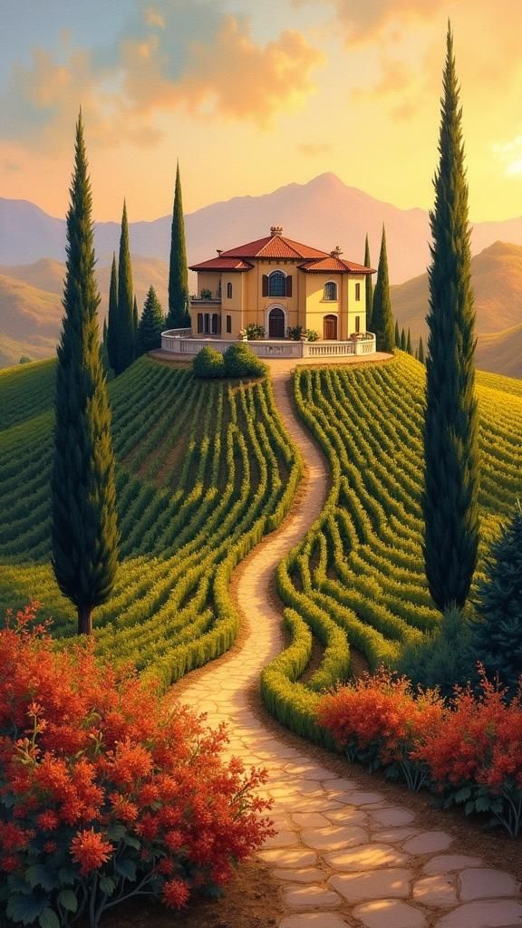 Wine Estate Landscape in Impressionist Gouache Style