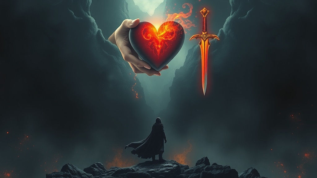 Mystical Figure in Dark Realm Grasping Stone