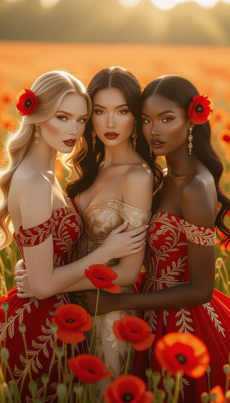 Three Elegant Women in Poppy Field, Photorealistic