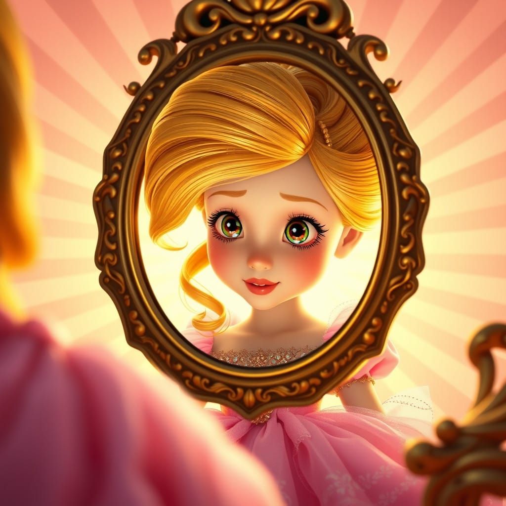 Enchanted Princess Reveals Whimsical Self in Golden Mirror
