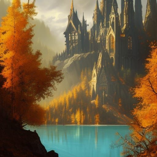 Gothic Castle Overlooking Lake in Sunlight