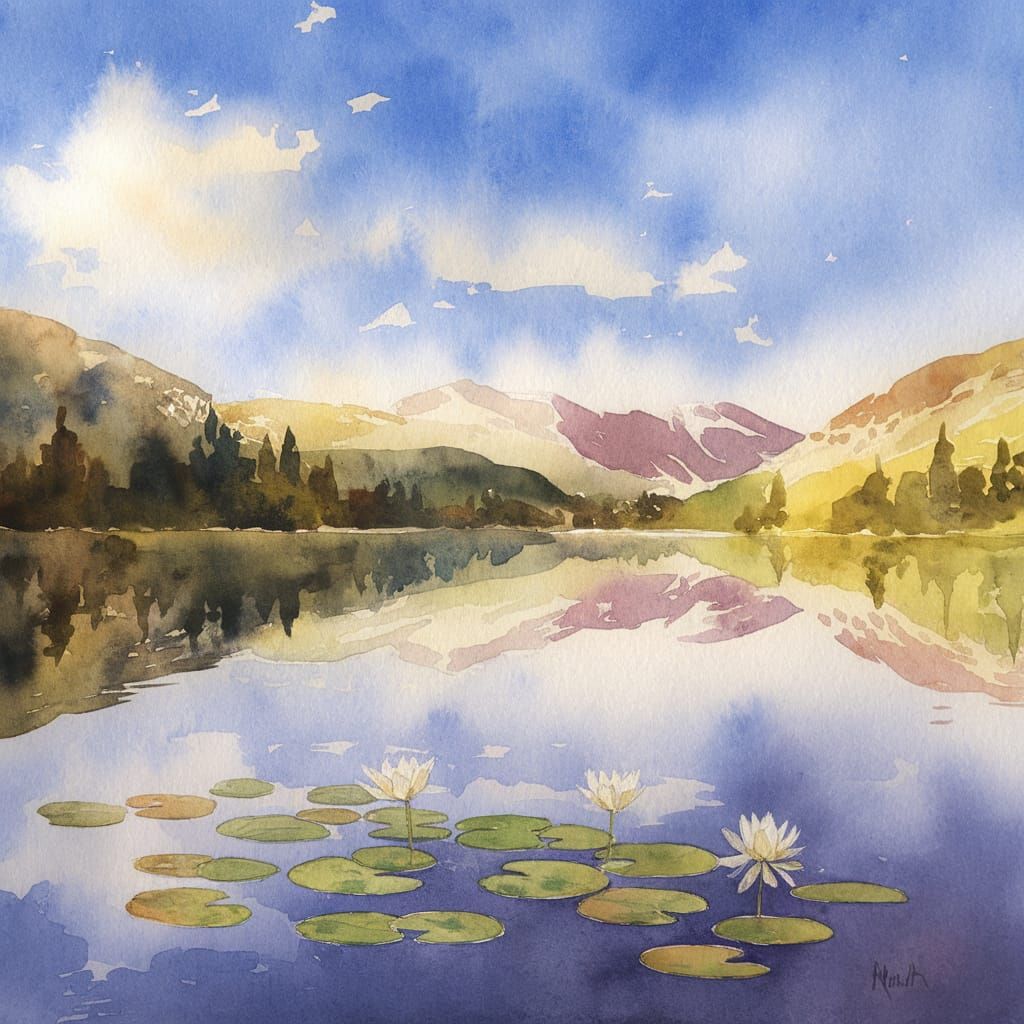 A watercolor painting of a beautiful wilderness mountain lak...