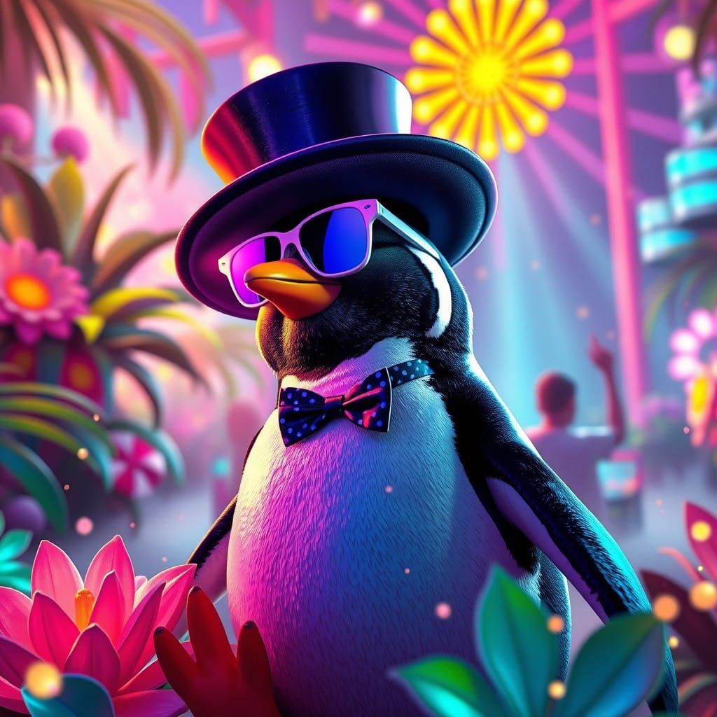 Ecstatic Penguin in Neon Festival Attire, Amidst Whimsical C...