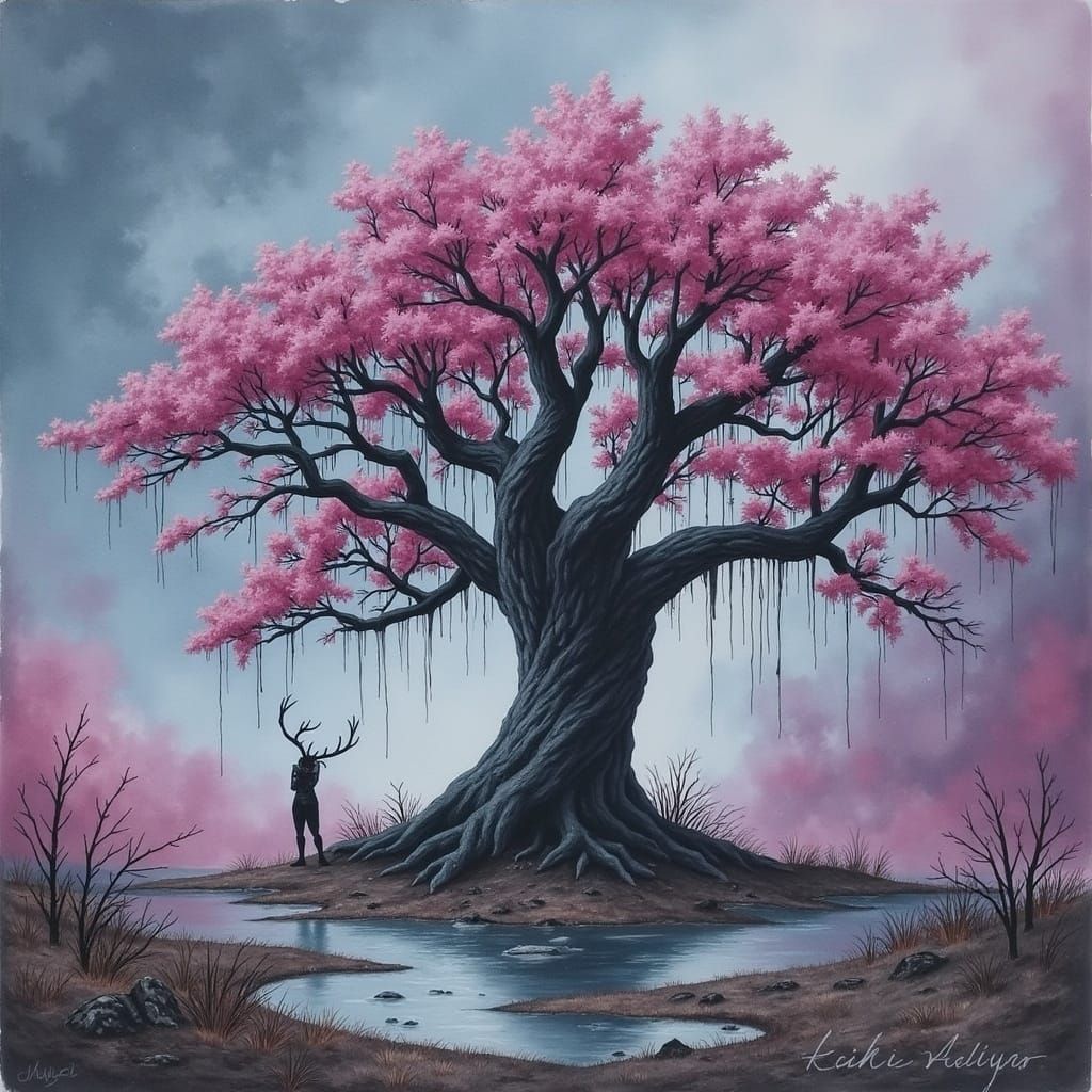Lonely Tree Haunted by Spirits in Pink Fog