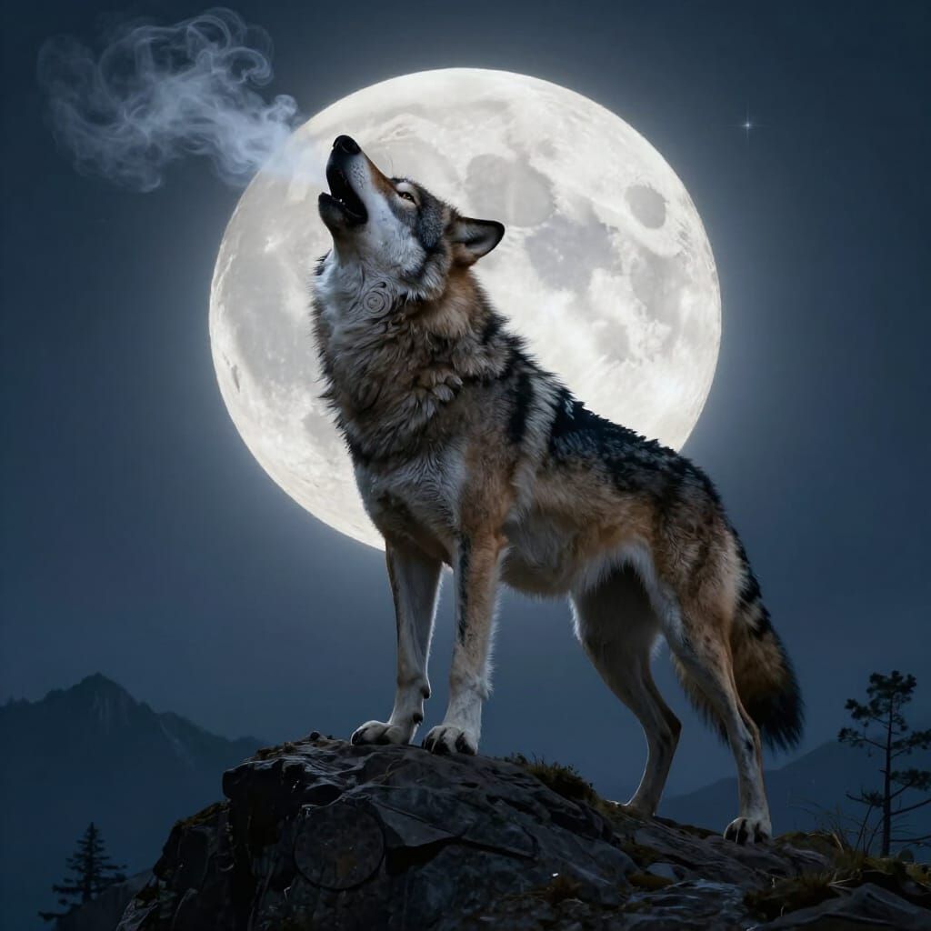 Wolf Howling at Luminous Moon on Mountain Peak