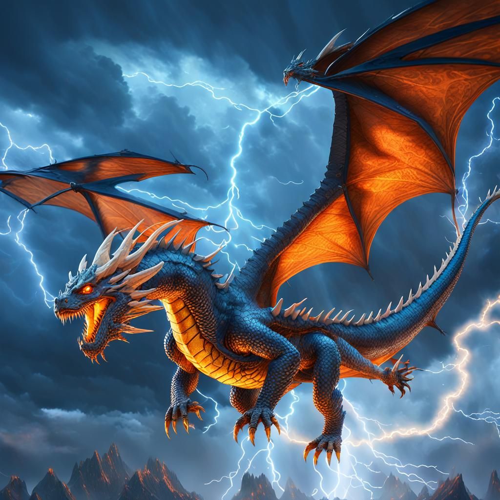 Majestic Thunder Dragon Soaring Through Storm, Digital Art