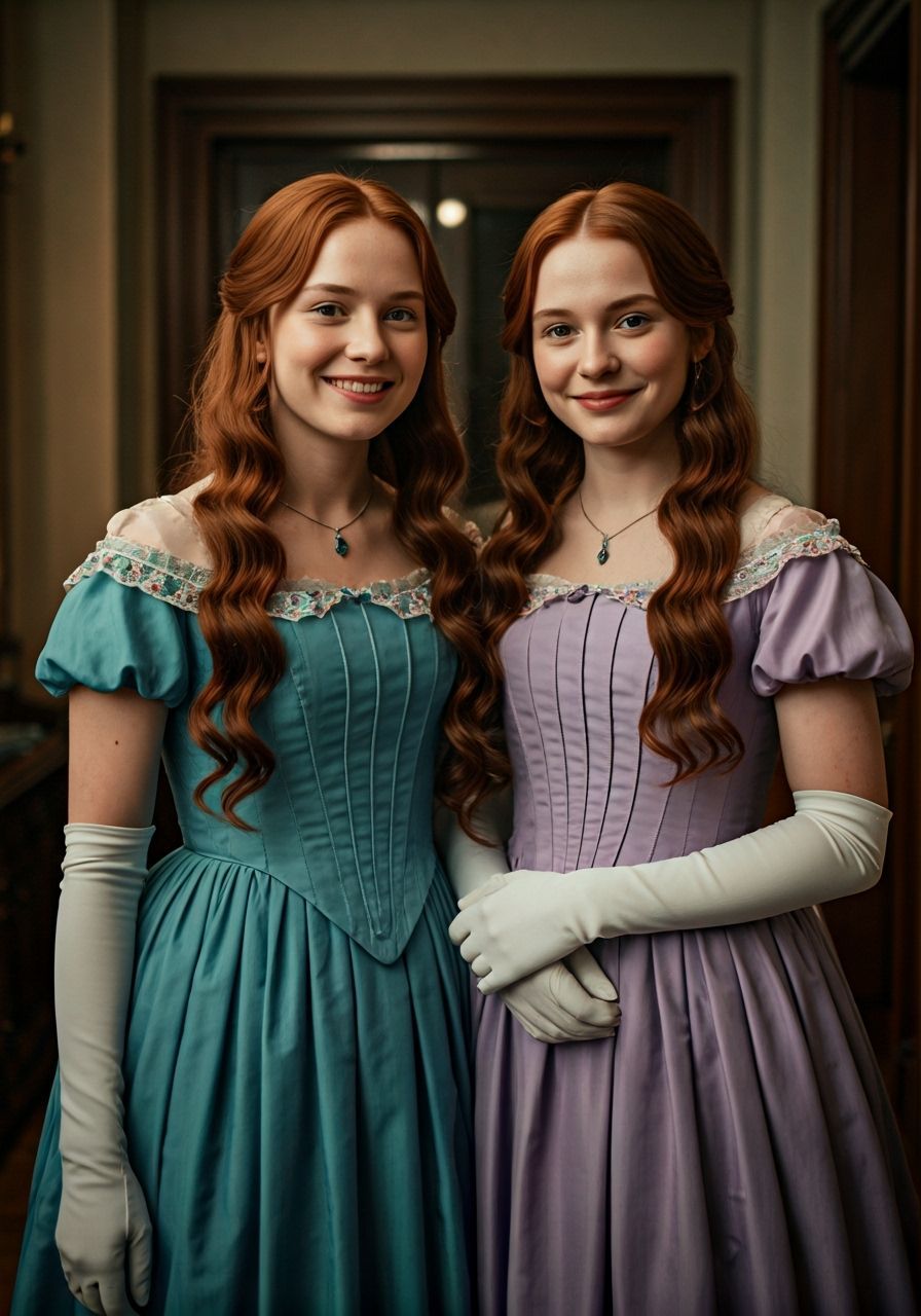 Twin Sisters in Periwinkle and Lavender Dresses