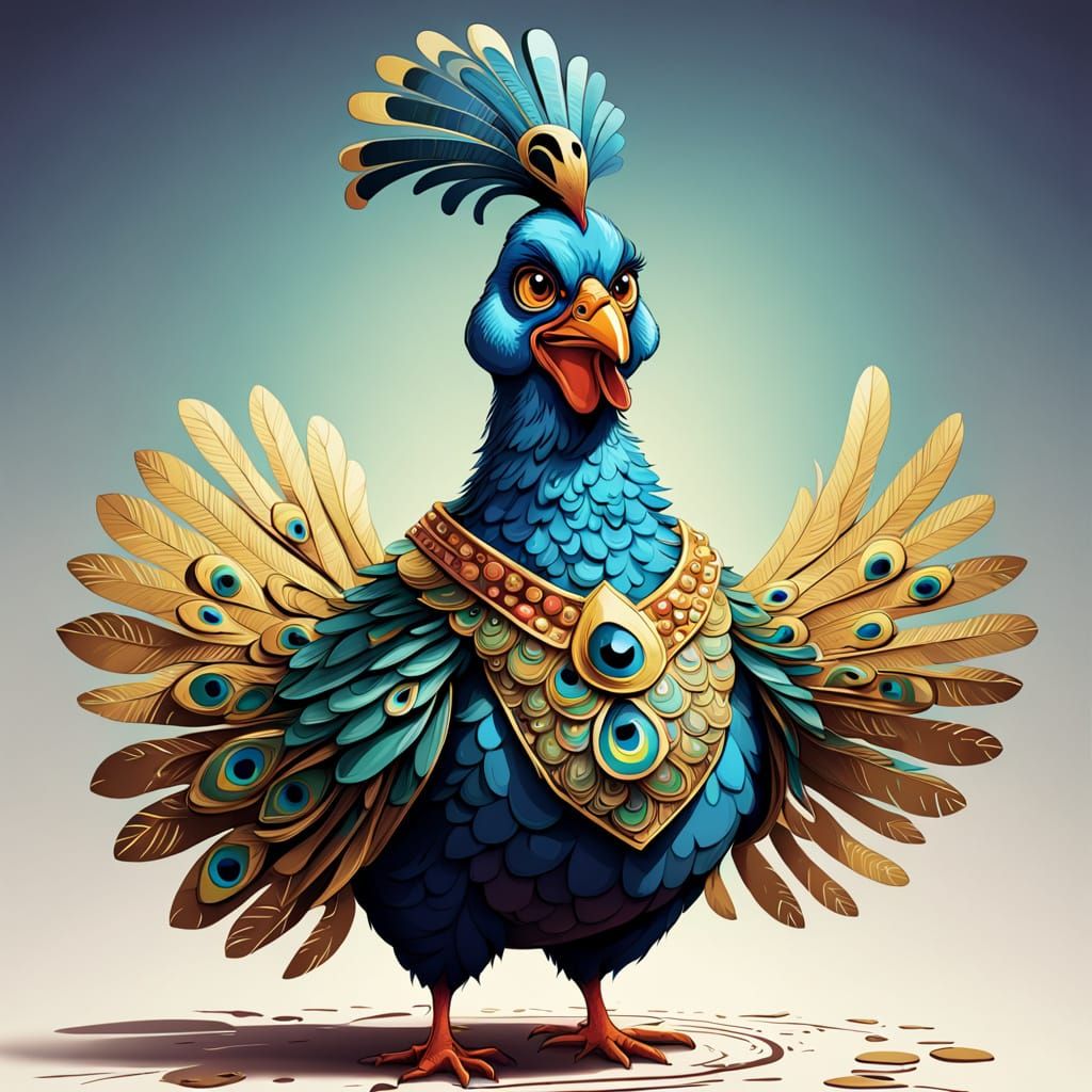Pompous Chicken in Peacock Costume on Catwalk
