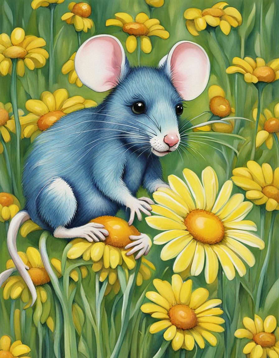 Mouse Smelling a Yellow Daisy