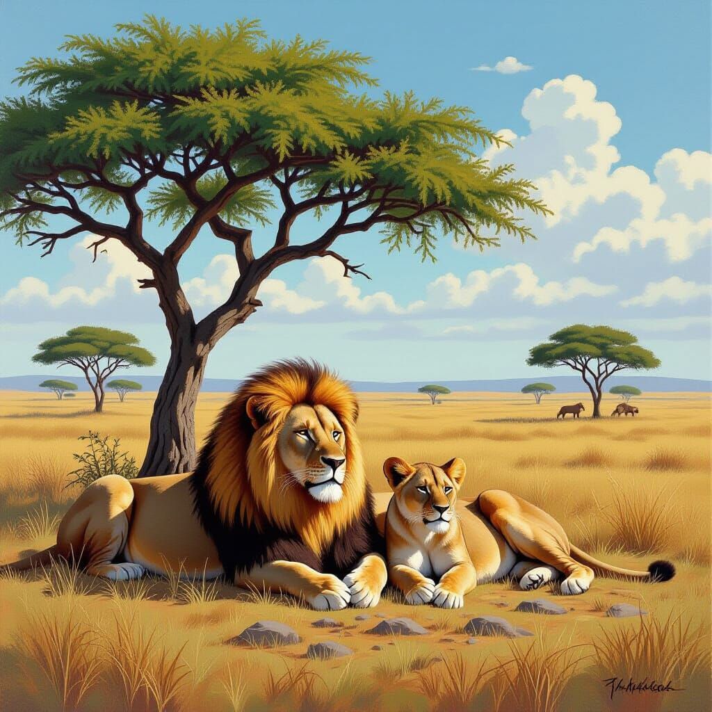 Lion Family Resting in African Savanna, Acrylic Painting