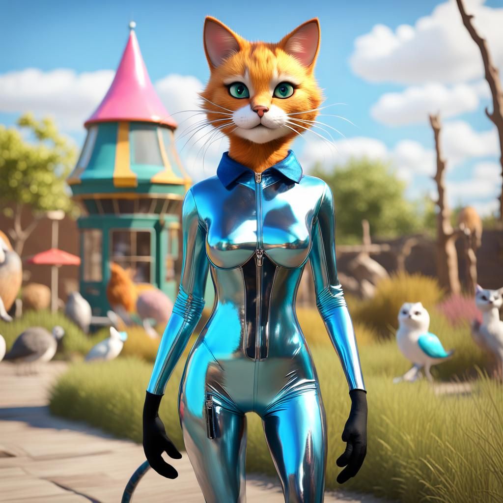 Chrome Cat Cosplay in a Lively Zoo: 3D Digital Art