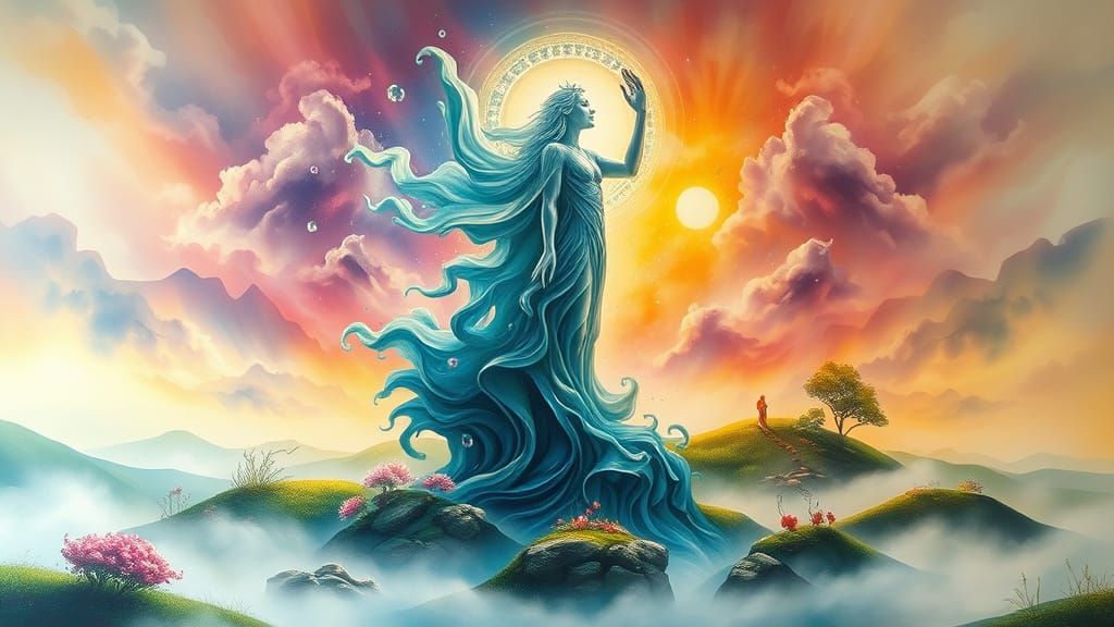 Ethereal Sculpture of Light and Water in Surreal Landscape