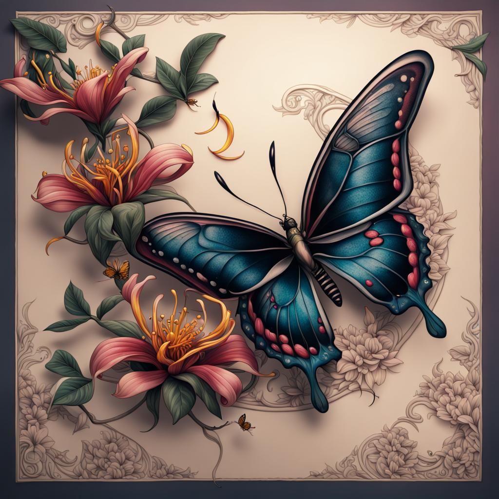 A tattoo of a honeysuckle flower with a butterfly and a small crescent moon in the back