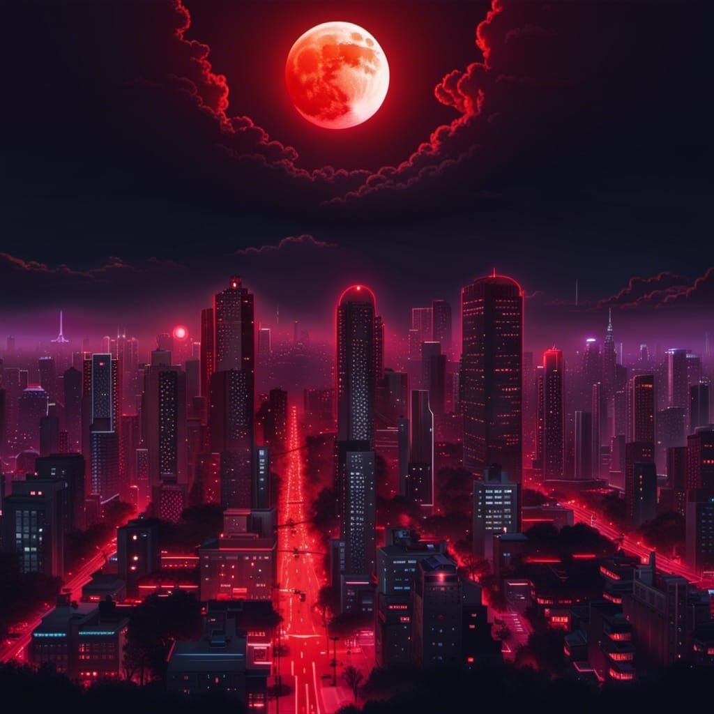 Blood Moon Rises Over Neon Metropolis